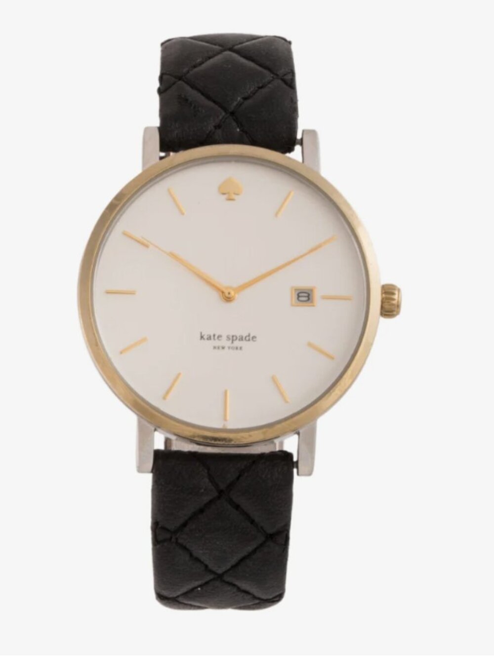 Kate Spade Metro Grand Watch Black Quilted Leather Strap Two Tone